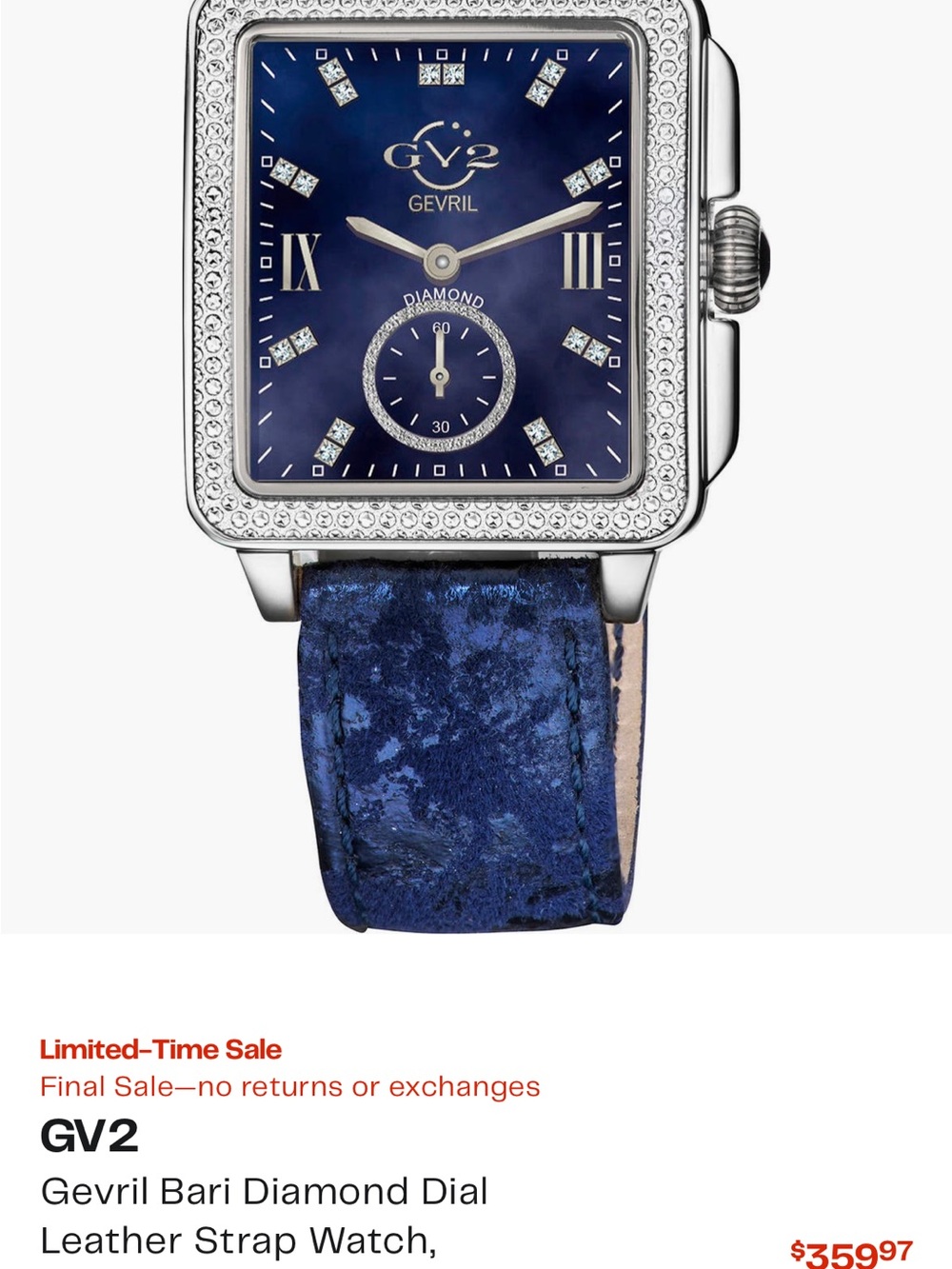 GV2 Gevril Bari Diamond Dial Blue Leather Strap Watch